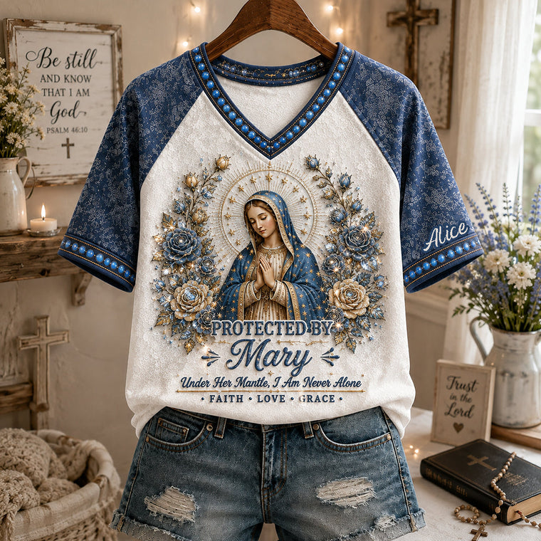 Protected By Mary - Personalized V-Neck T-Shirt TC100039