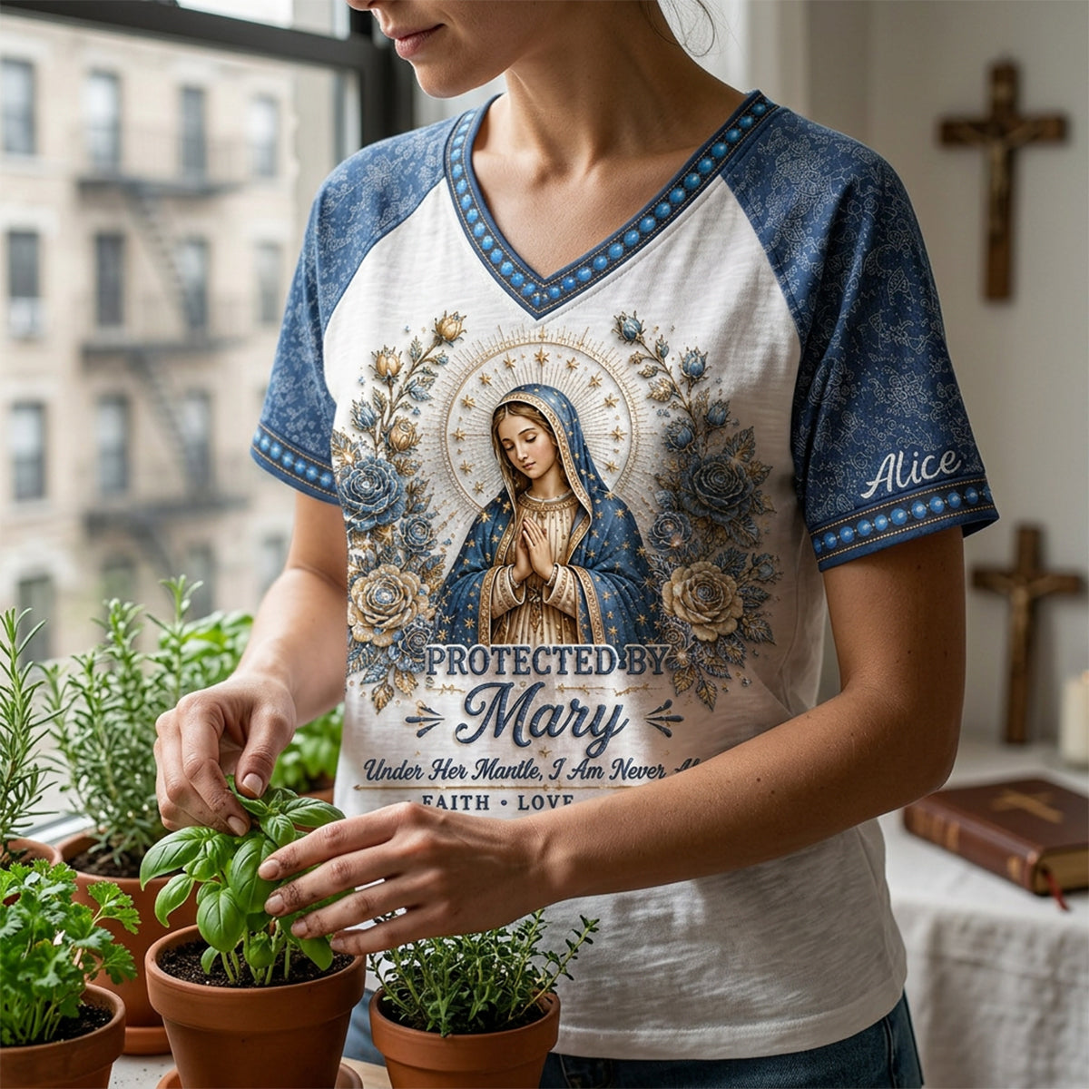Protected By Mary - Personalized V-Neck T-Shirt TC100039