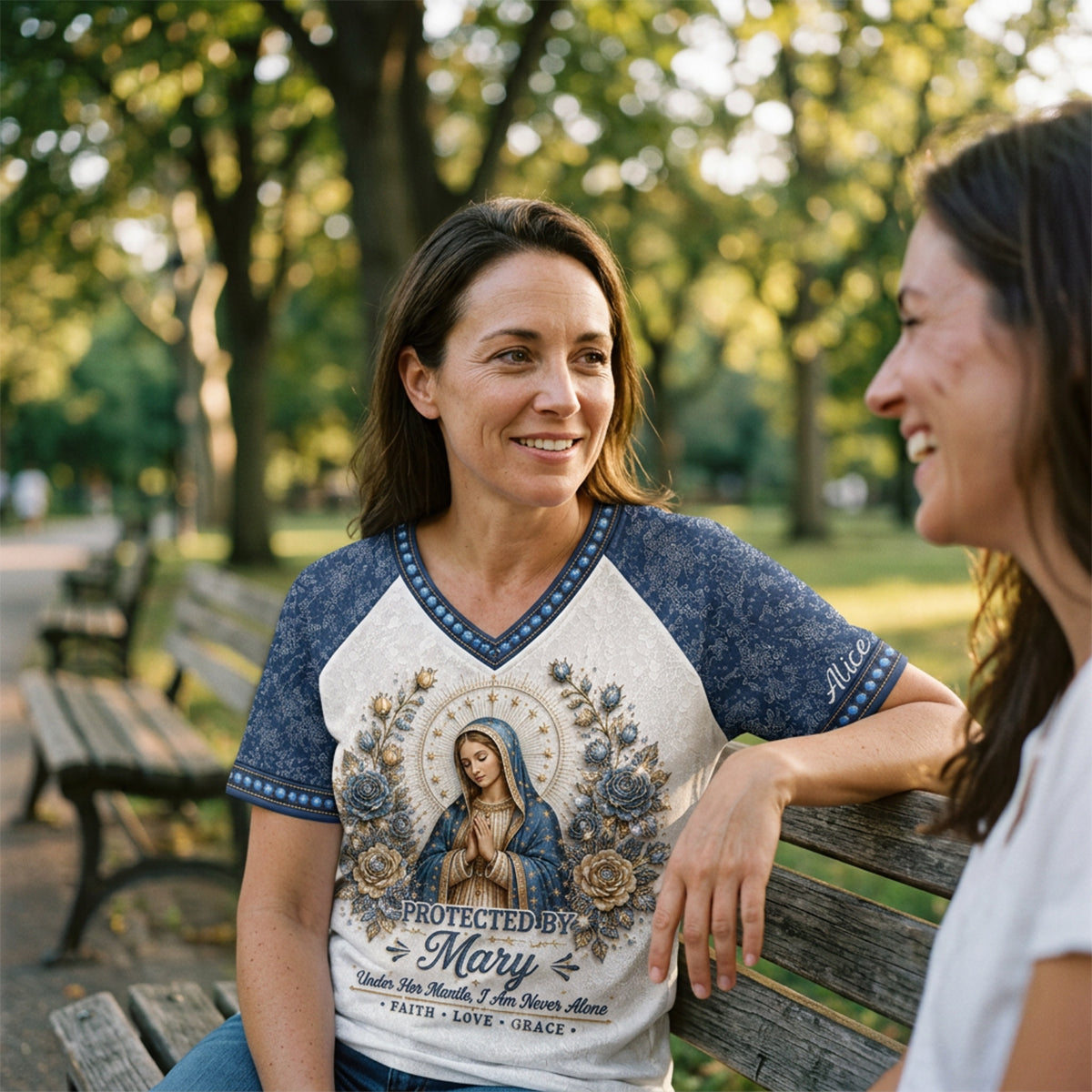 Protected By Mary - Personalized V-Neck T-Shirt TC100039