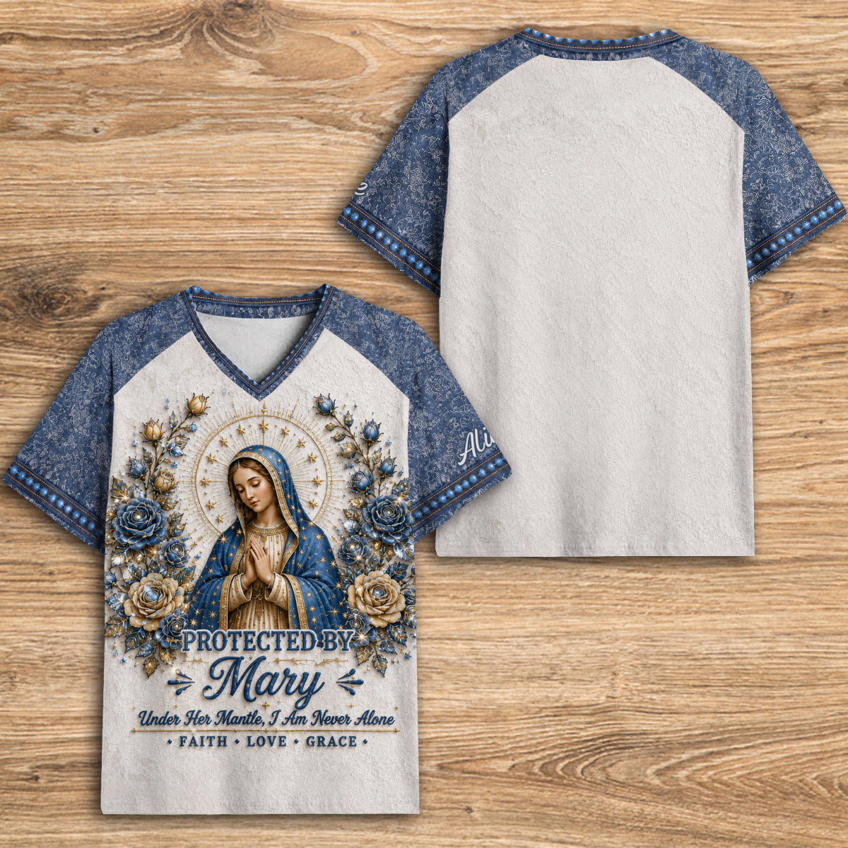 Protected By Mary - Personalized V-Neck T-Shirt TC100039