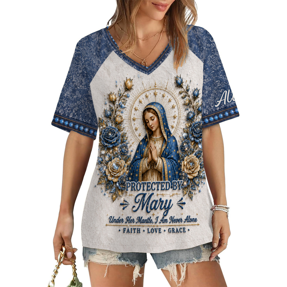 Protected By Mary - Personalized V-Neck T-Shirt TC100039