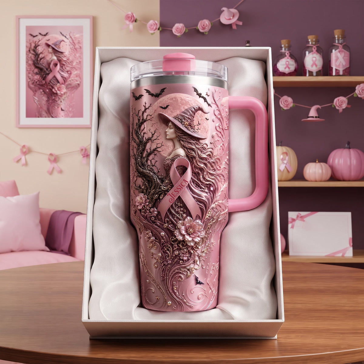 Pink Witches Ribbon Breast Cancer Awareness - Personalized 40oz Tumbler With Handle - Gifts For Cancer Awareness TC100010