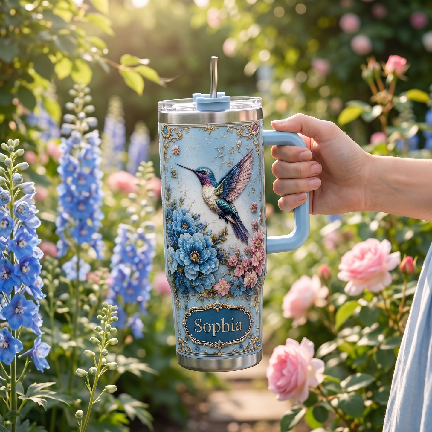 Vintage Hummingbird Garden – Personalized  40oz Tumbler With Handle