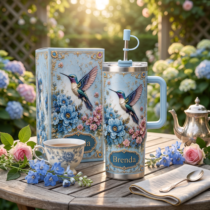 Vintage Hummingbird Garden – Personalized  40oz Tumbler With Handle