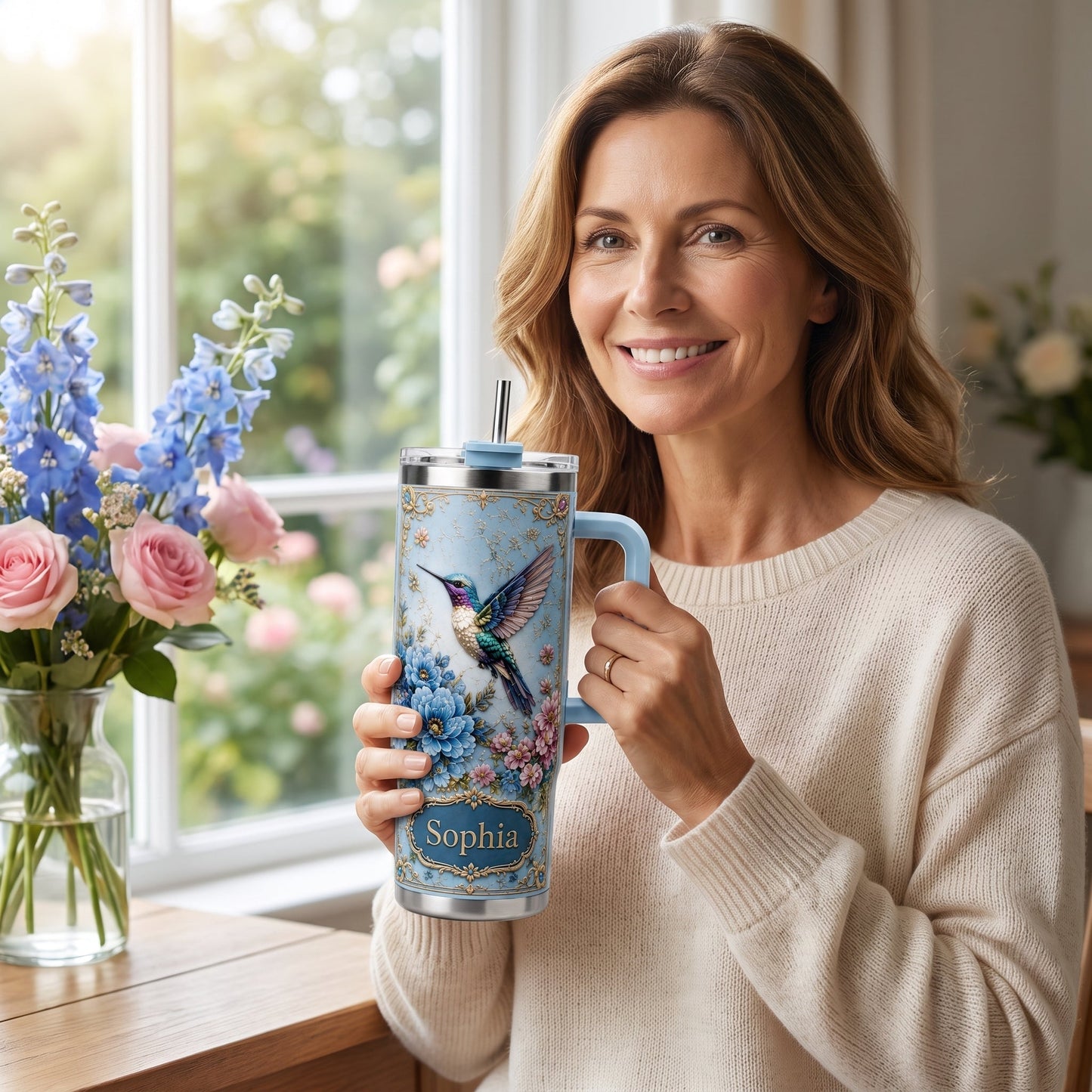 Vintage Hummingbird Garden – Personalized  40oz Tumbler With Handle