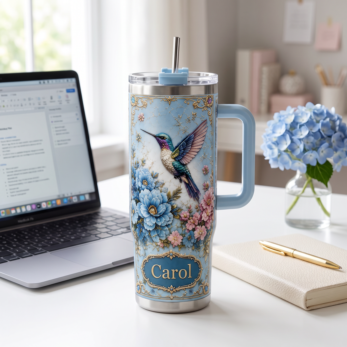 Vintage Hummingbird Garden – Personalized  40oz Tumbler With Handle
