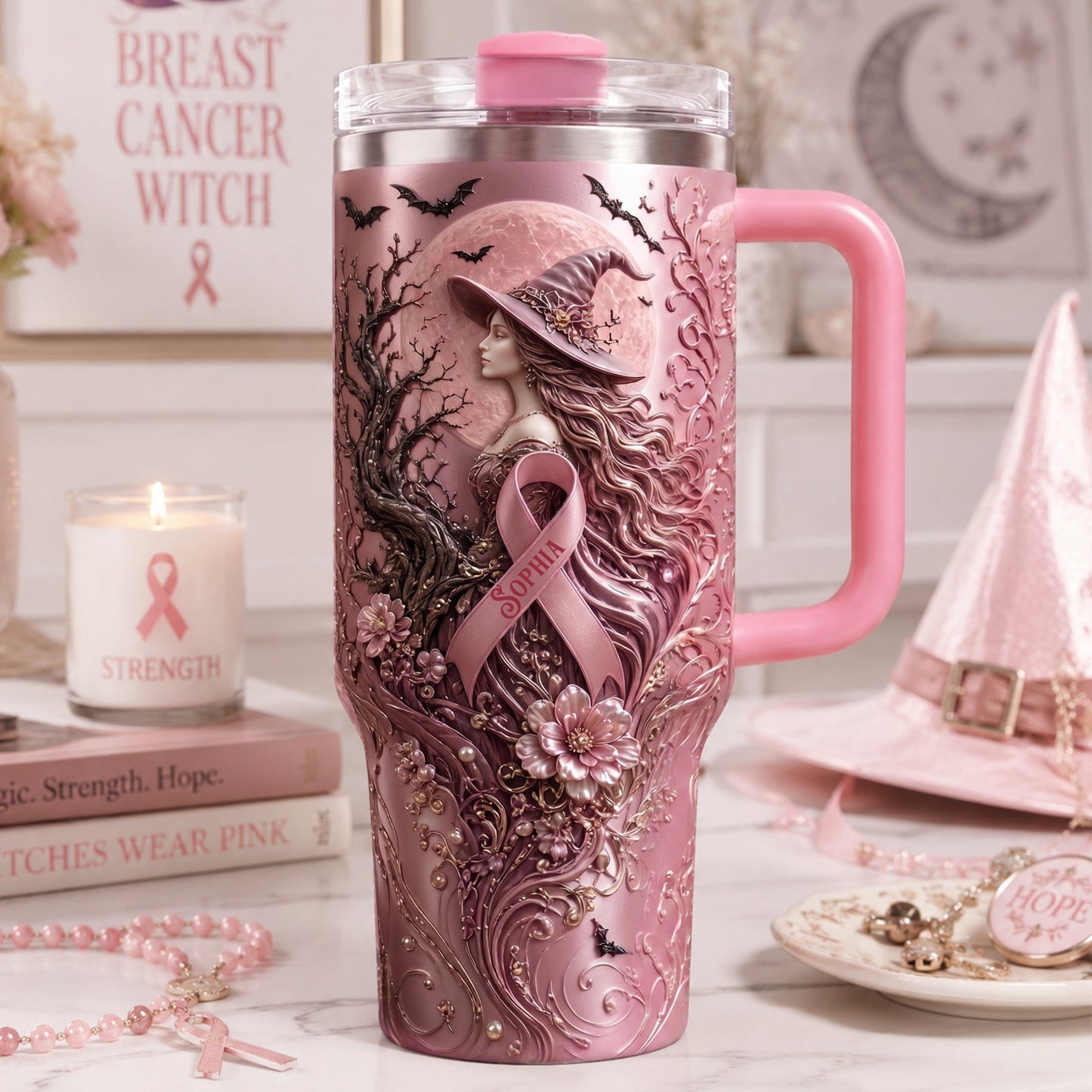 Pink Witches Ribbon Breast Cancer Awareness - Personalized 40oz Tumbler With Handle - Gifts For Cancer Awareness TC100010