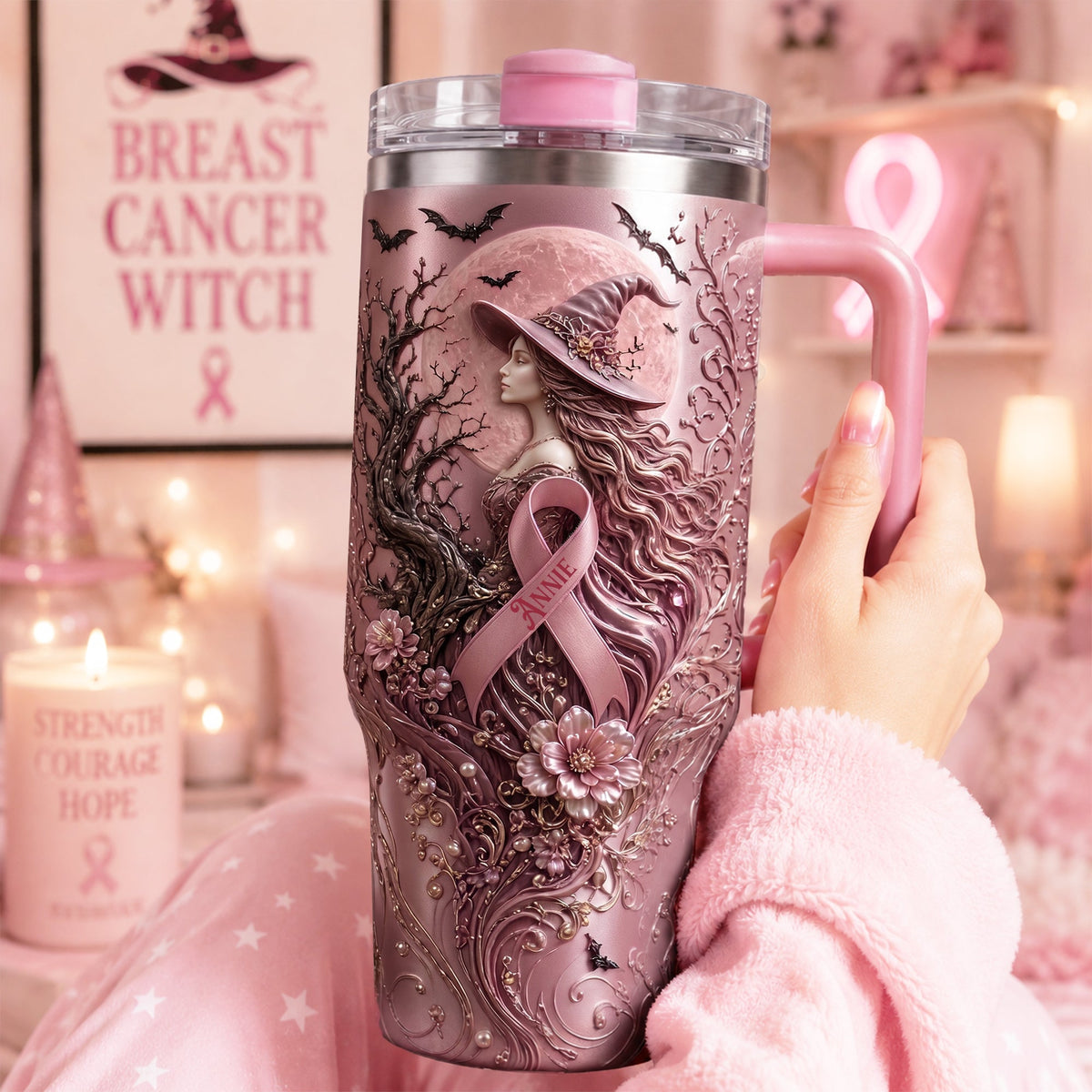 Pink Witches Ribbon Breast Cancer Awareness - Personalized 40oz Tumbler With Handle - Gifts For Cancer Awareness TC100010