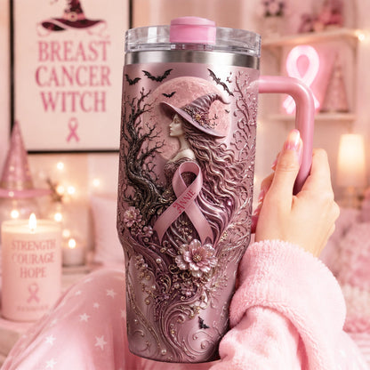 Pink Witches Ribbon Breast Cancer Awareness - Personalized 40oz Tumbler With Handle - Gifts For Cancer Awareness TC100010