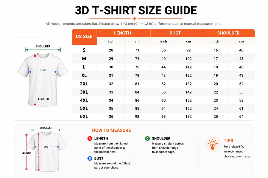 Size guide — Midnight Desert Witch Ride - Personalized 3D Shirt VT100070