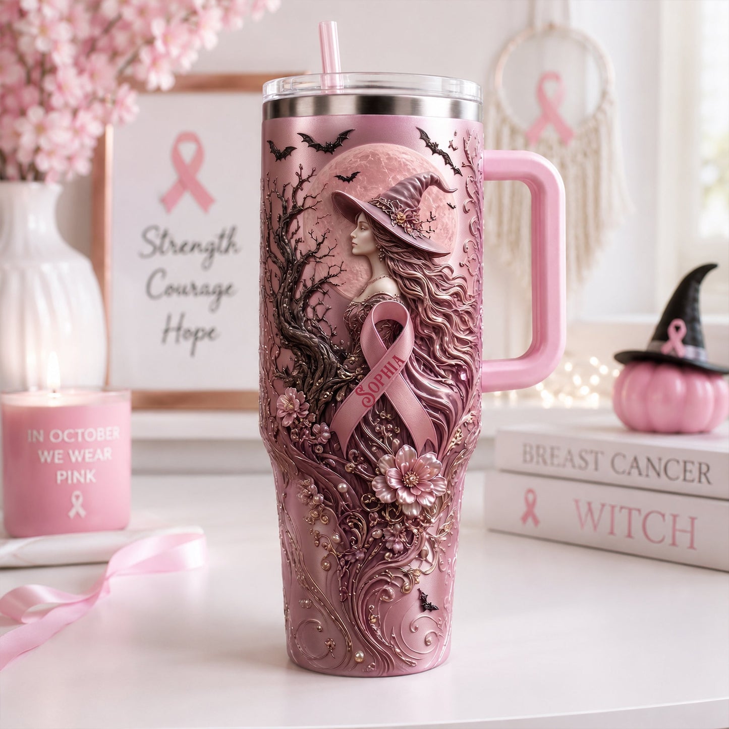 Pink Witches Ribbon Breast Cancer Awareness - Personalized 40oz Tumbler With Handle - Gifts For Cancer Awareness TC100010