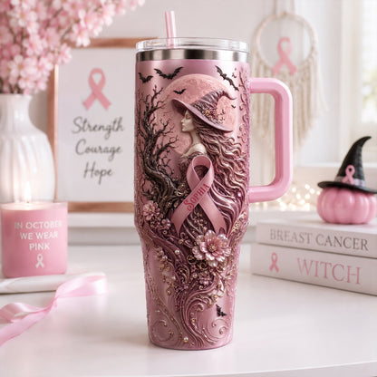 Pink Witches Ribbon Breast Cancer Awareness - Personalized 40oz Tumbler With Handle - Gifts For Cancer Awareness TC100010
