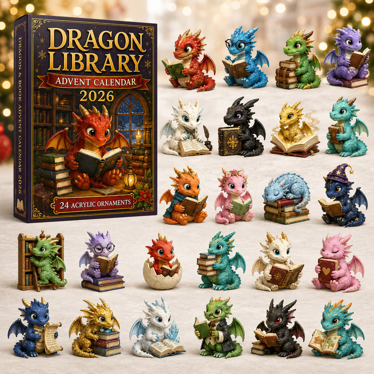 Dragon Library Advent Calendar 2026 - 24-Day Festive Countdown, Acrylic Charms Blind Box - Gift For Dragon Lovers - AT000001