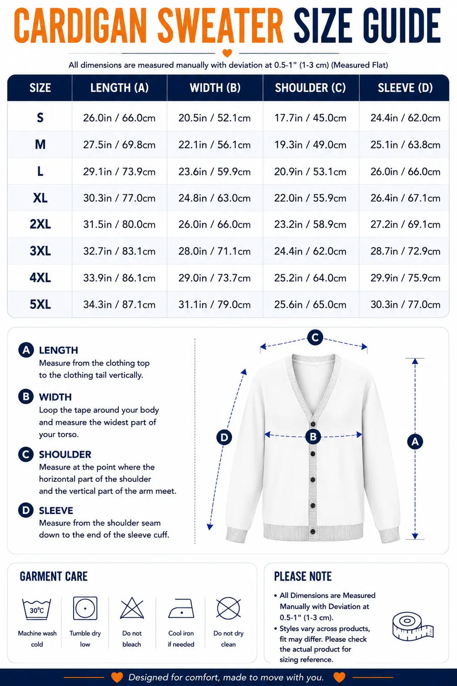 Size guide — Honey Bear Celebrate 100th Anniversary - Cardigan Sweater TC100086