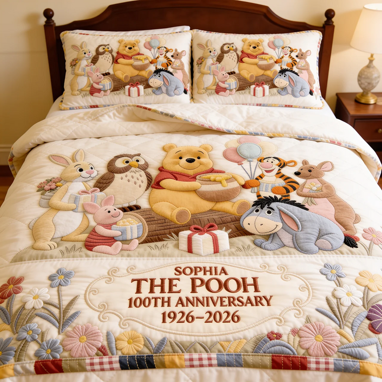 Honey Bear Celebrate 100 Years Of Friendship - Personalized Quilted Bedding Set TC100087