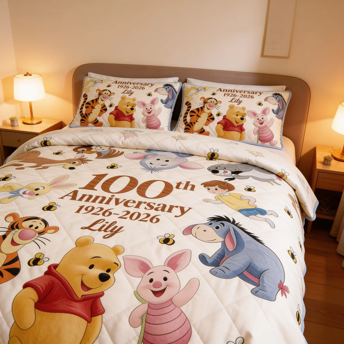 Just Love Honey Bear Celebrate 100 Years Of Friendship - Personalized Quilted Bedding Set TC100088