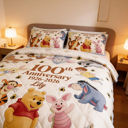 Just Love Honey Bear Celebrate 100 Years Of Friendship - Personalized Quilted Bedding Set TC100088
