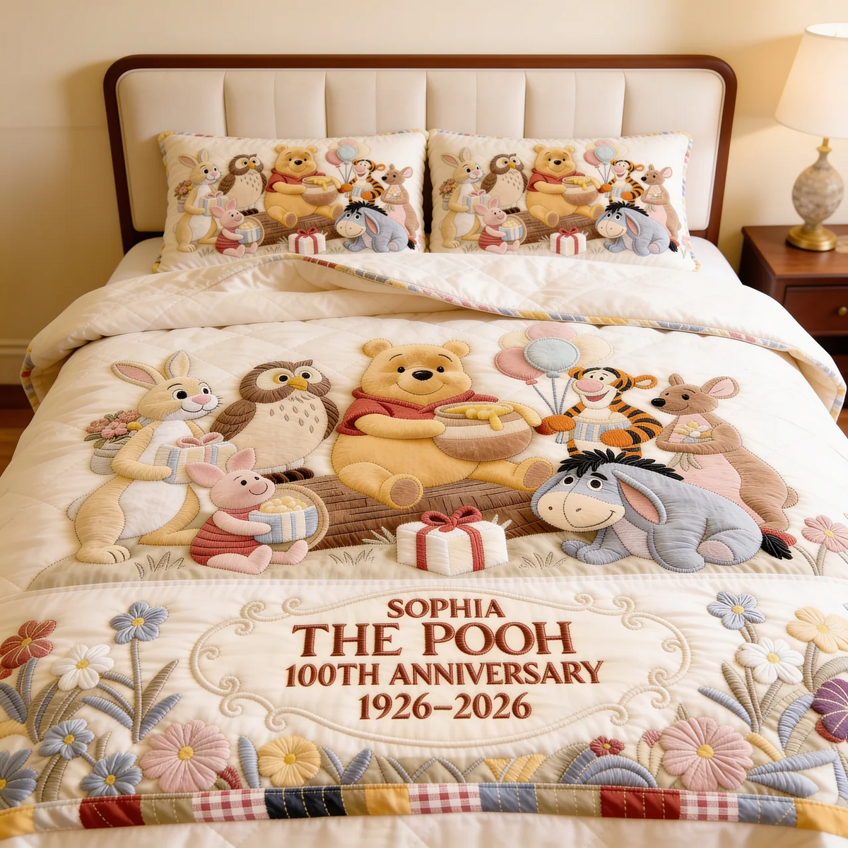 Honey Bear Celebrate 100 Years Of Friendship - Personalized Quilted Bedding Set TC100087