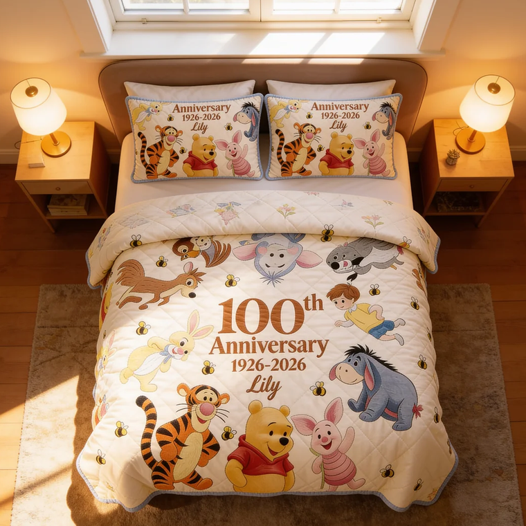 Just Love Honey Bear Celebrate 100 Years Of Friendship - Personalized Quilted Bedding Set TC100088