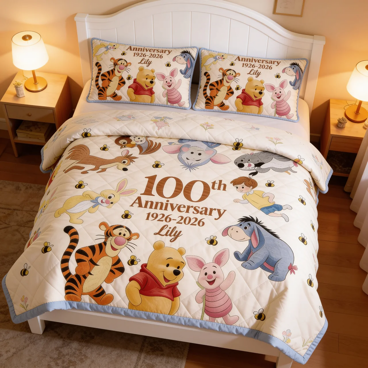 Just Love Honey Bear Celebrate 100 Years Of Friendship - Personalized Quilted Bedding Set TC100088