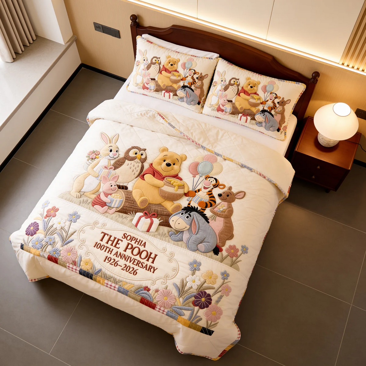 Honey Bear Celebrate 100 Years Of Friendship - Personalized Quilted Bedding Set TC100087
