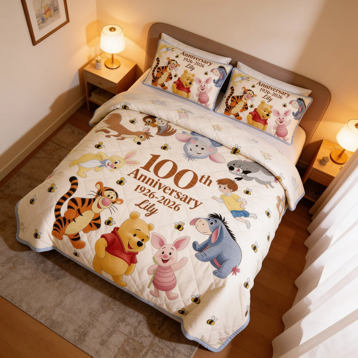 Just Love Honey Bear Celebrate 100 Years Of Friendship - Personalized Quilted Bedding Set TC100088