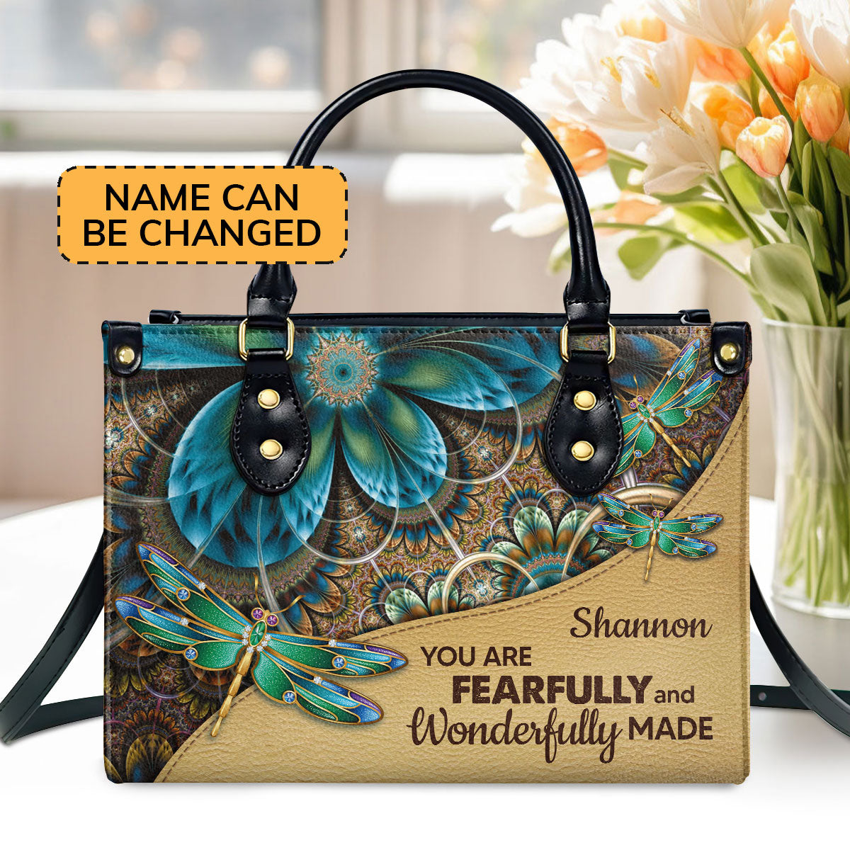 You Are Fearfully And Wonderfully Made - Leather Handbag - Custom Name Dragonfly Floral Design GMJSLB200088