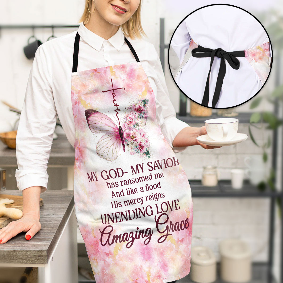 My God My Savior - Floral Apron with Faith Design - Gift for Christian Woman