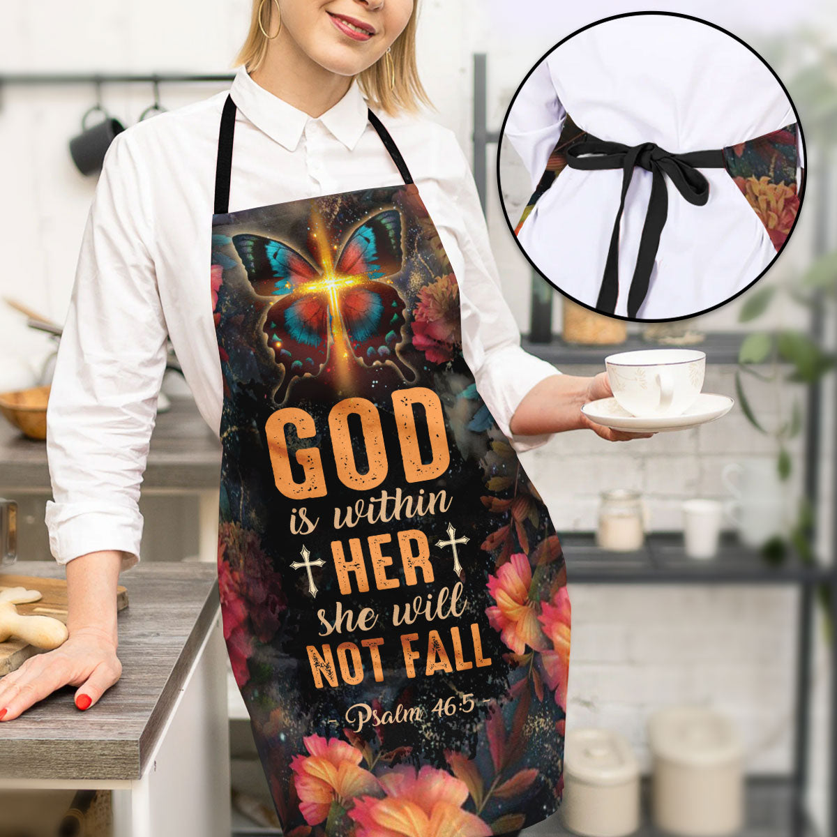 God Is Within Her - Faith Floral Kitchen Apron