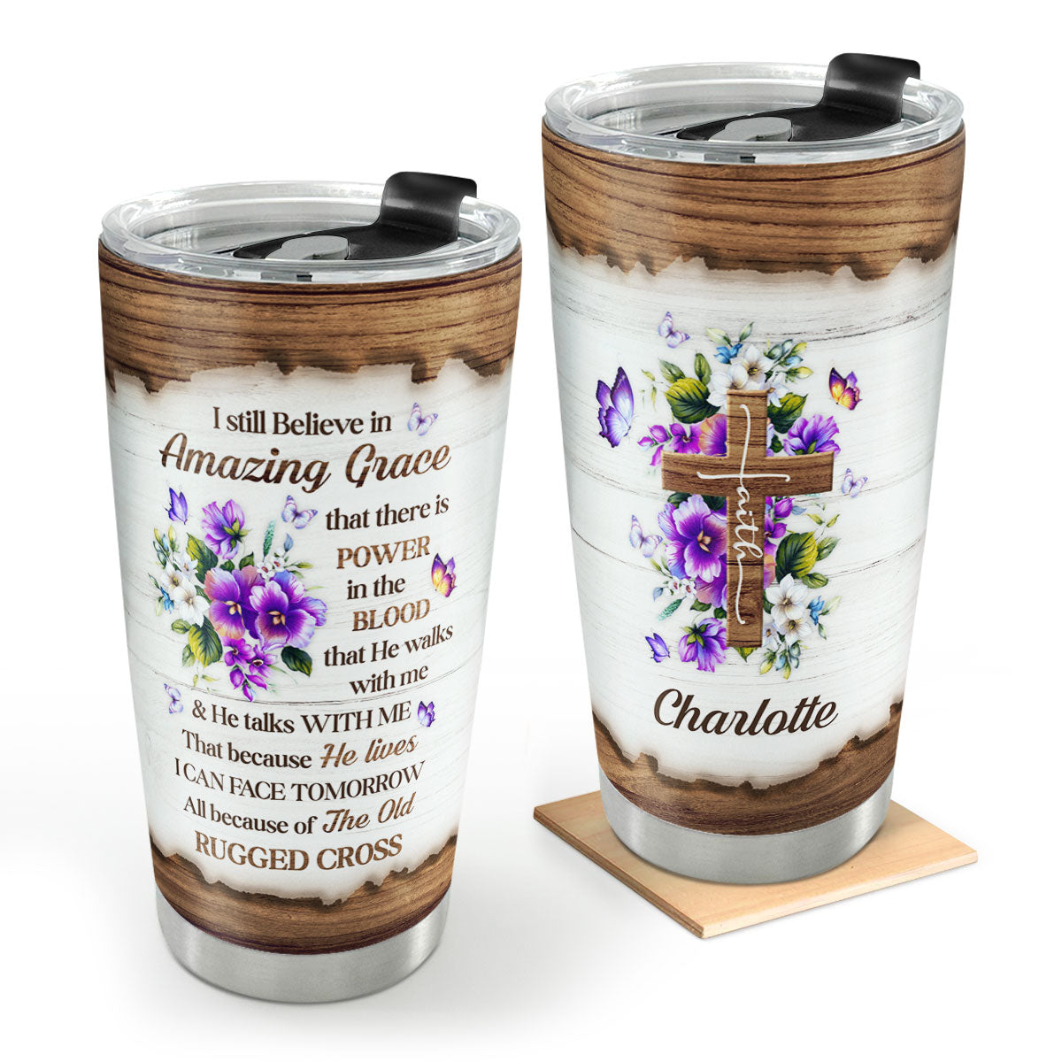 I Still Believe In Amazing Grace - Personalized Floral Cross Tumbler