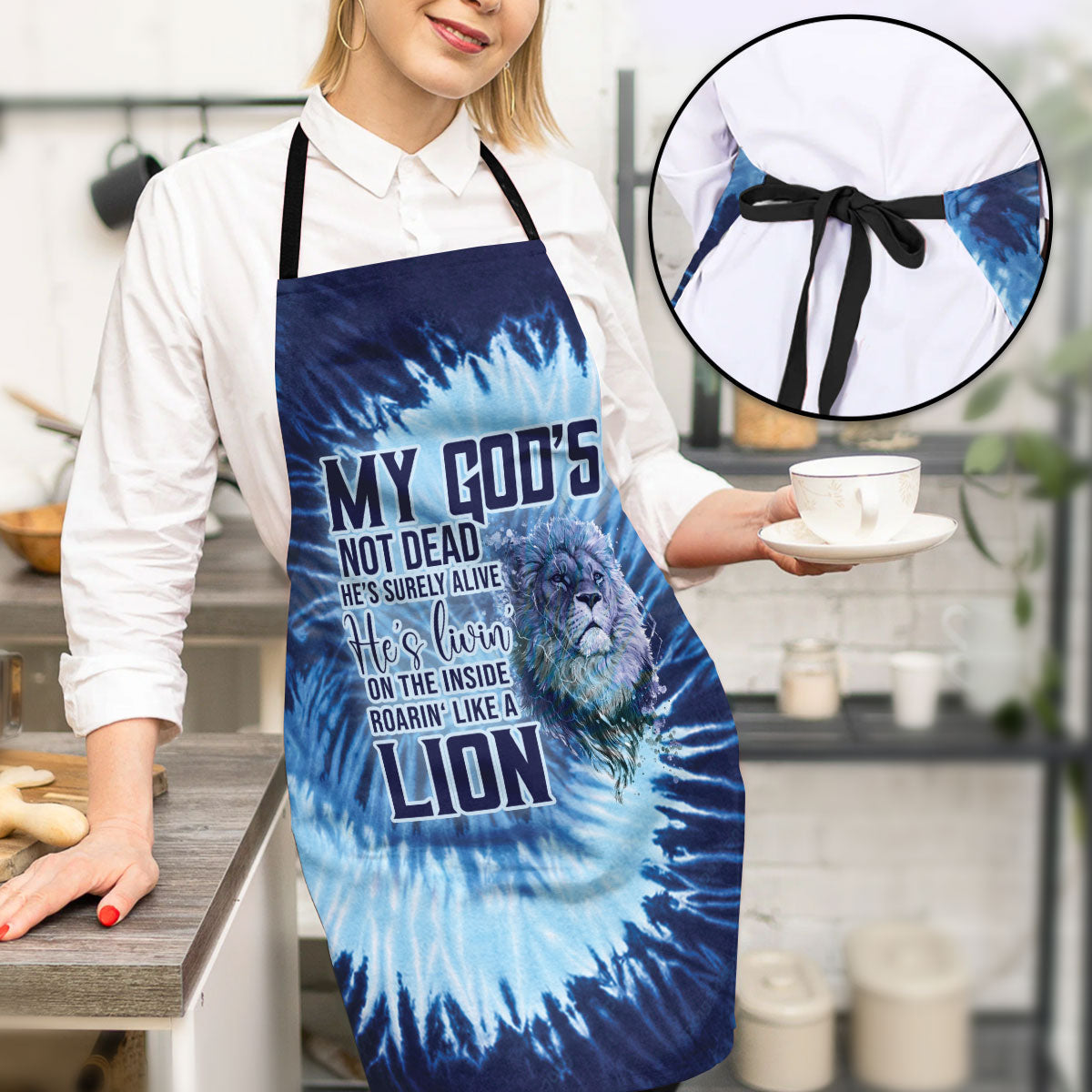 My God's Not Dead - Blue Tie Dye Apron - Faithful Kitchen Accessory
