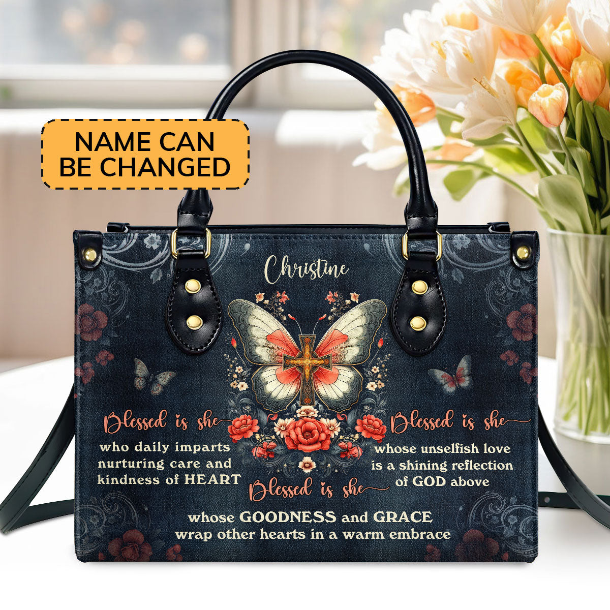 Blessed Is She - Personalized Leather Handbag - Christian Faith Floral Design GMJSLB200018
