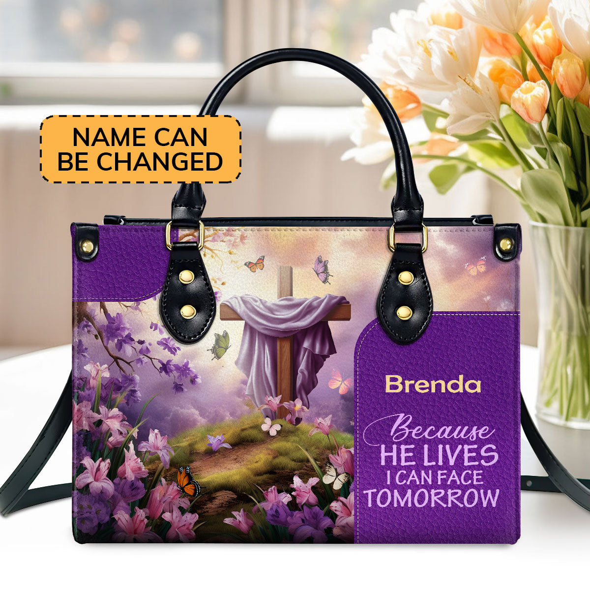 Because He Lives - Personalized Leather Handbag - Christian Floral Cross GMJSLB200020