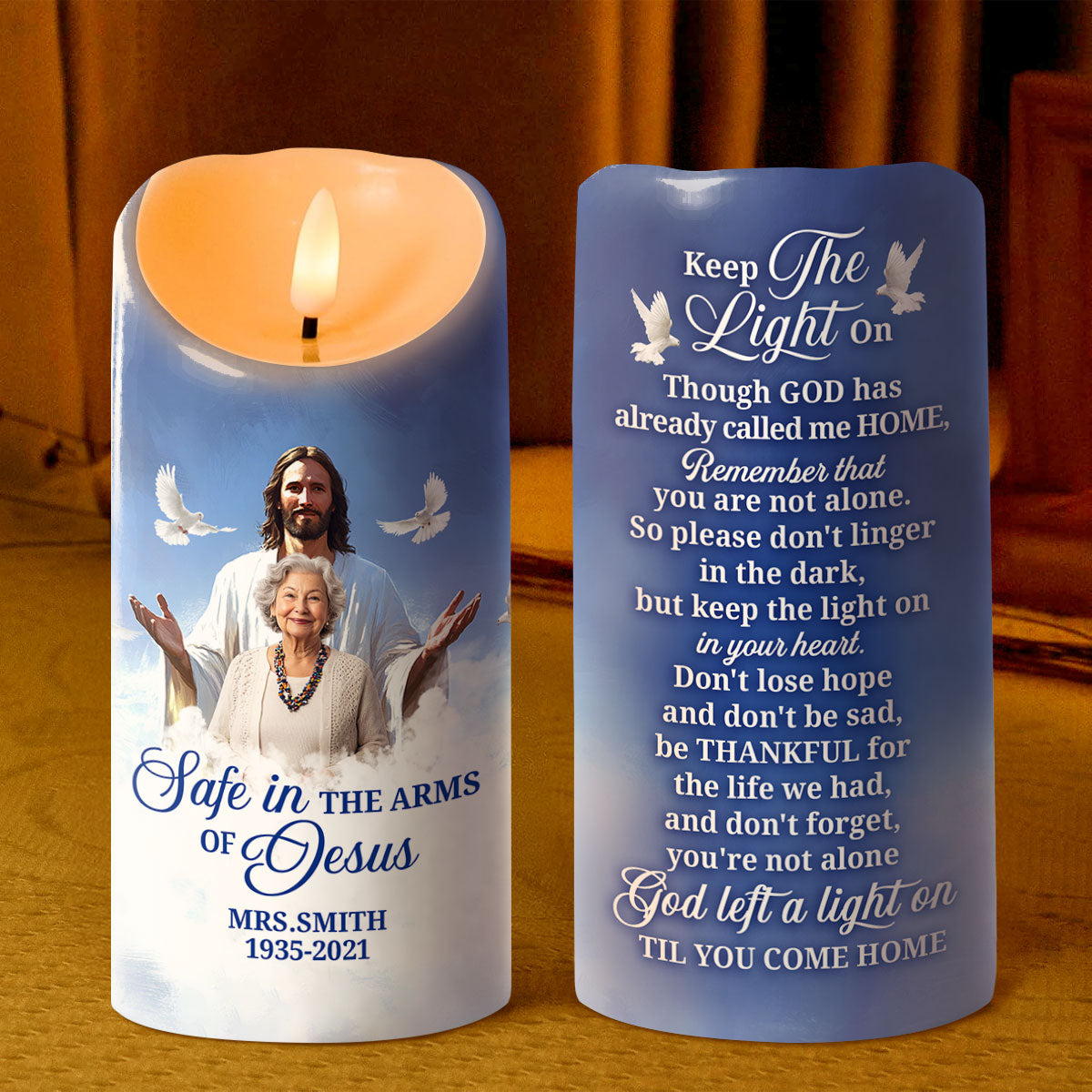 Safe In The Arms Of Jesus - Personalized Flameless LED Candle