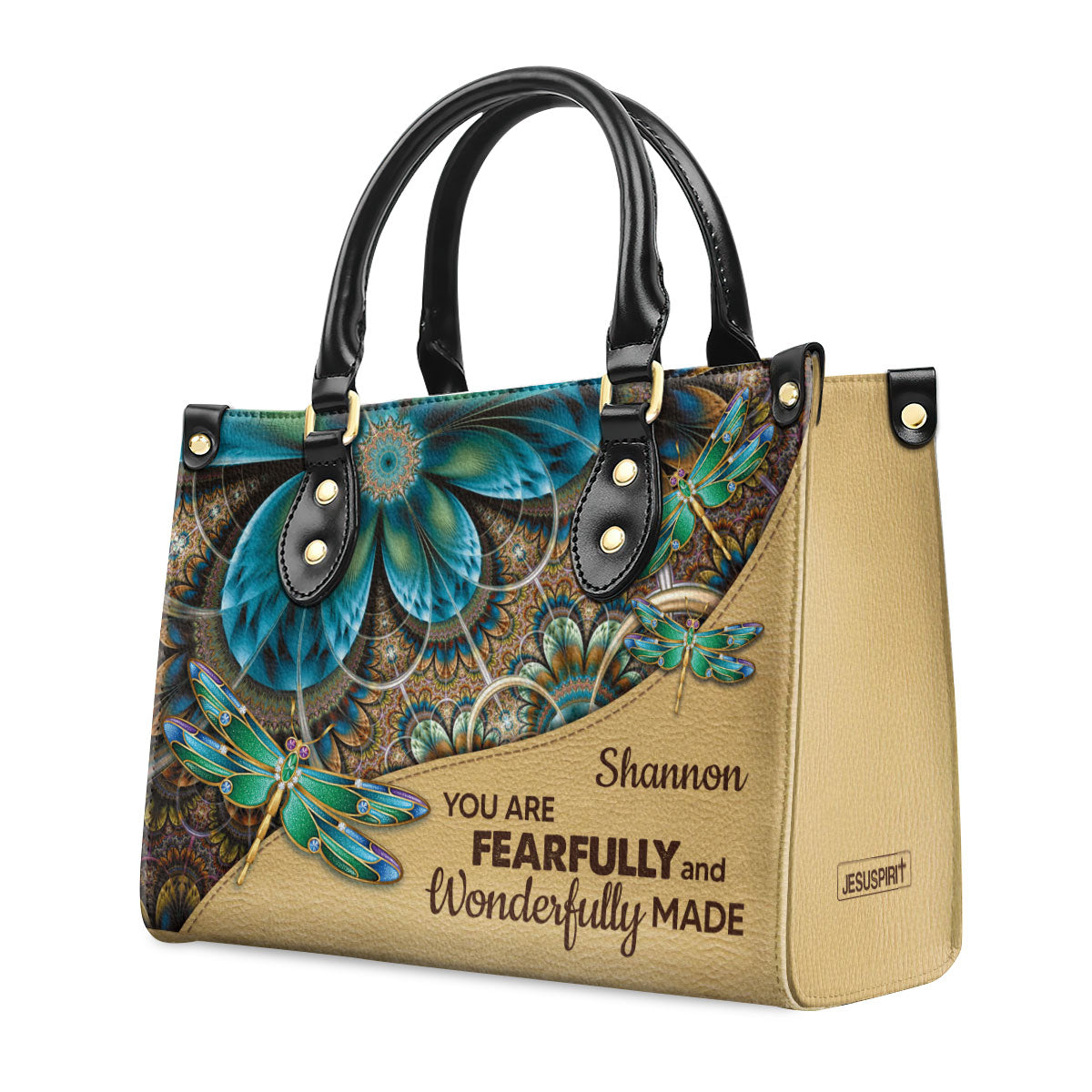 You Are Fearfully And Wonderfully Made - Leather Handbag - Custom Name Dragonfly Floral Design GMJSLB200088