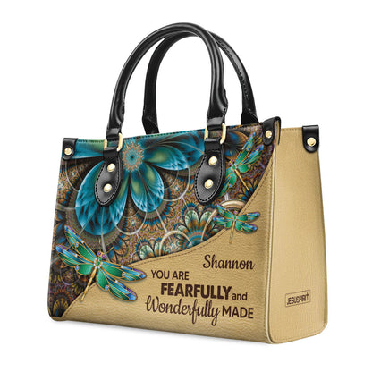 You Are Fearfully And Wonderfully Made - Leather Handbag - Custom Name Dragonfly Floral Design GMJSLB200088