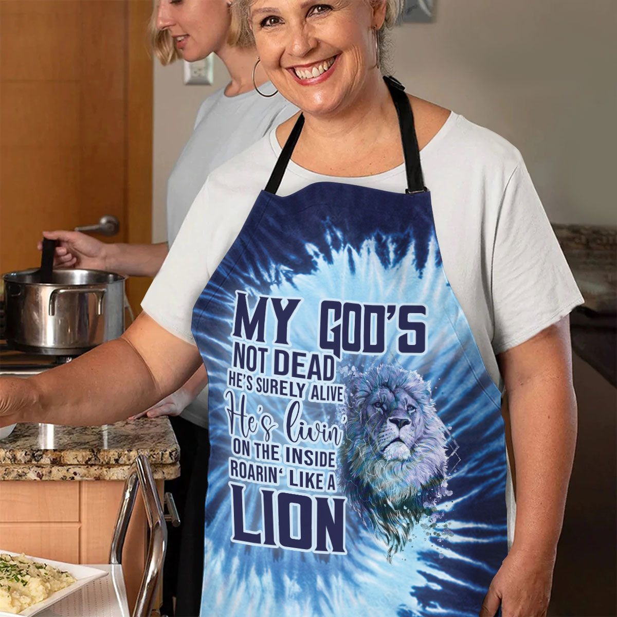 My God's Not Dead - Blue Tie Dye Apron - Faithful Kitchen Accessory