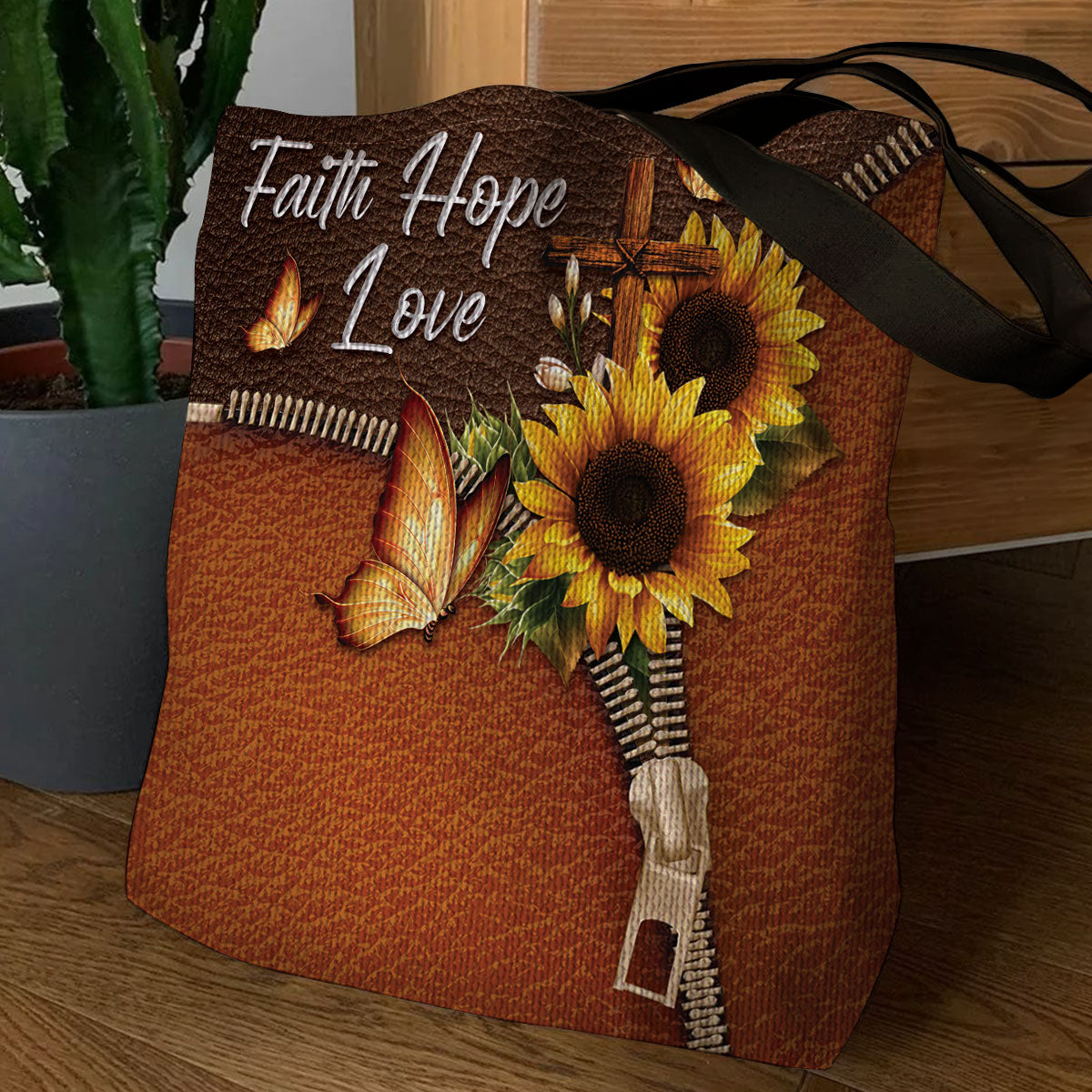 Faith Hope Love Sunflower - Tote Bag - Inspirational Christian Gift for Women GTTJS10356