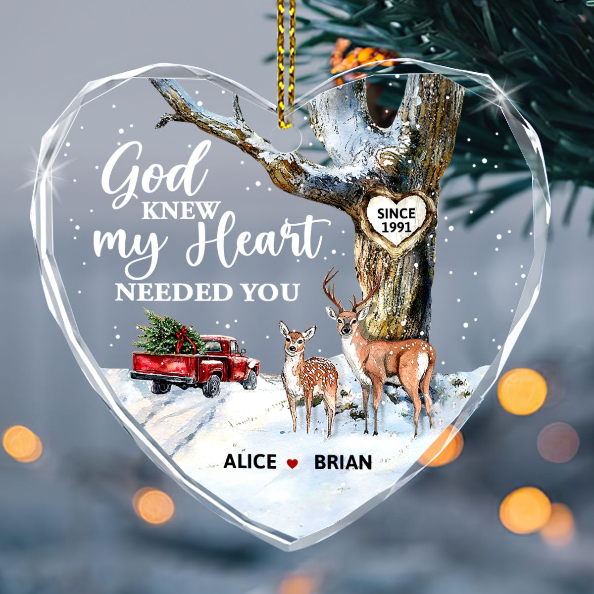 God Knew My Heart Needed You - Personalized Heart Shaped Glass Ornament GOJS10192