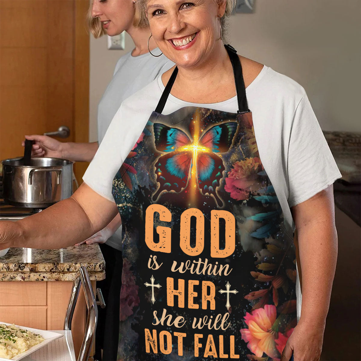God Is Within Her - Faith Floral Kitchen Apron