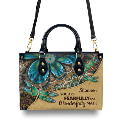 You Are Fearfully And Wonderfully Made - Leather Handbag - Custom Name Dragonfly Floral Design GMJSLB200088