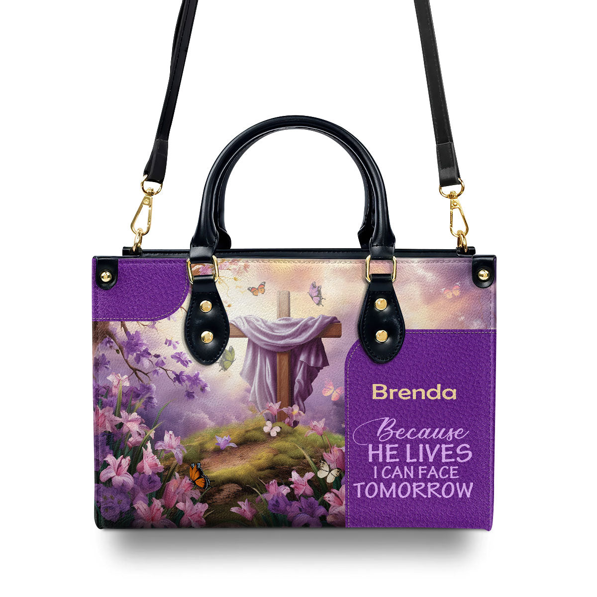 Because He Lives - Personalized Leather Handbag - Christian Floral Cross GMJSLB200020
