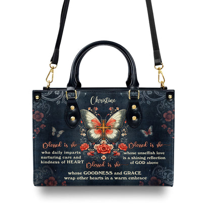 Blessed Is She - Personalized Leather Handbag - Christian Faith Floral Design GMJSLB200018