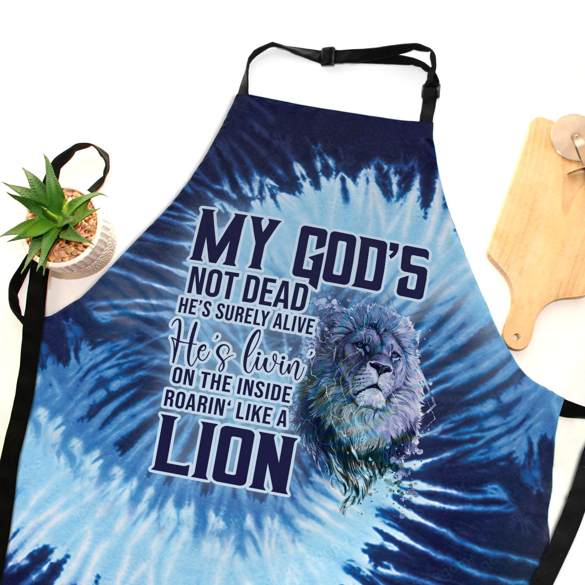 My God's Not Dead - Blue Tie Dye Apron - Faithful Kitchen Accessory