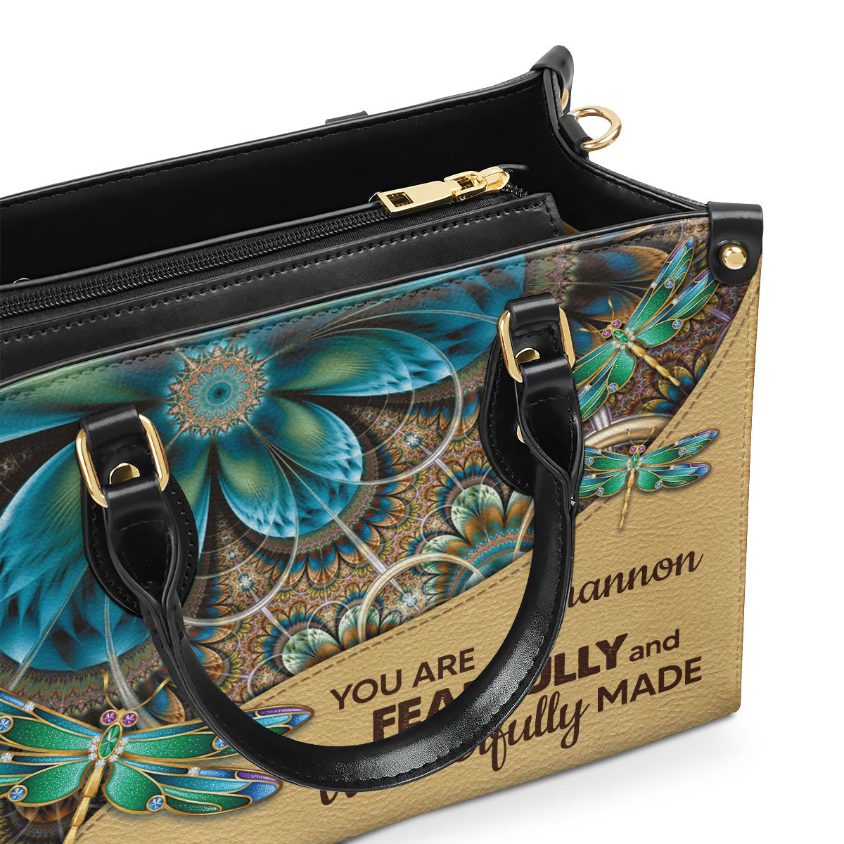 You Are Fearfully And Wonderfully Made - Leather Handbag - Custom Name Dragonfly Floral Design GMJSLB200088