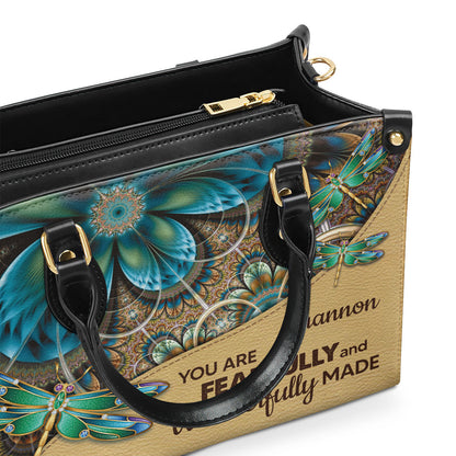 You Are Fearfully And Wonderfully Made - Leather Handbag - Custom Name Dragonfly Floral Design GMJSLB200088