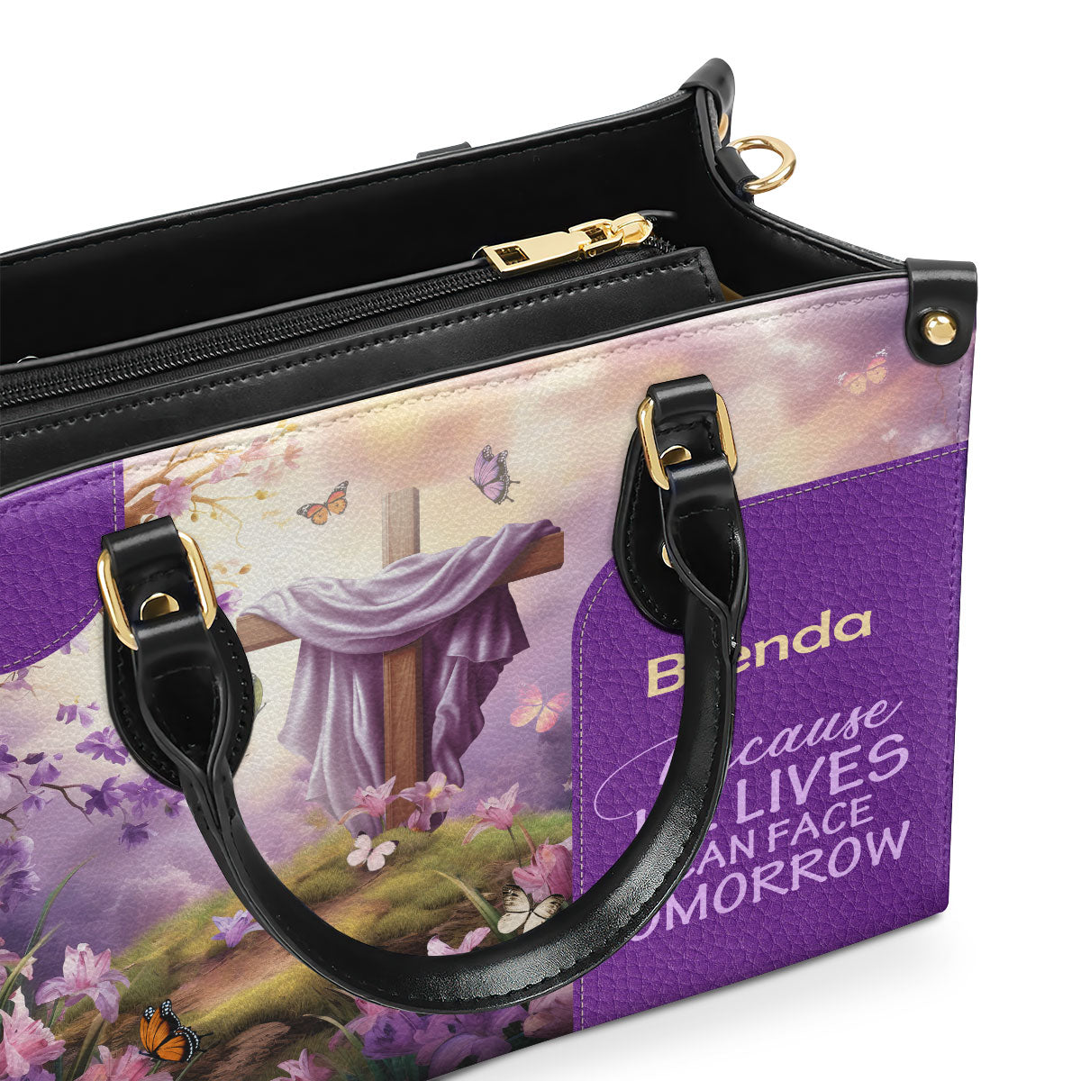 Because He Lives - Personalized Leather Handbag - Christian Floral Cross GMJSLB200020