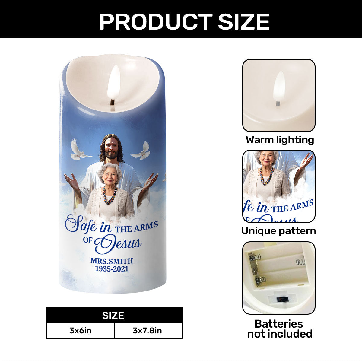 Safe In The Arms Of Jesus - Personalized Flameless LED Candle