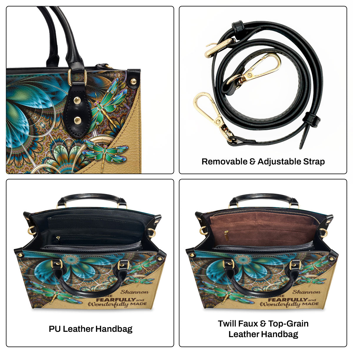 You Are Fearfully And Wonderfully Made - Leather Handbag - Custom Name Dragonfly Floral Design GMJSLB200088