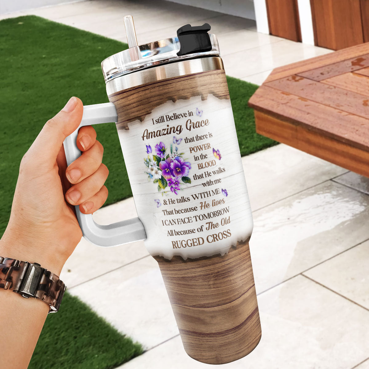 I Still Believe In Amazing Grace - Personalized Floral Cross Tumbler